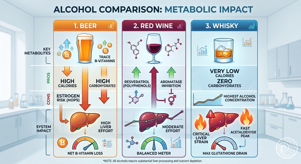 Vedecká infografika porovnania metabolického vplyvu alkoholu