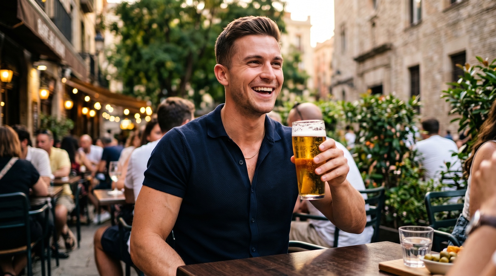 Veselý mladý muž pijúci pivo na terase
