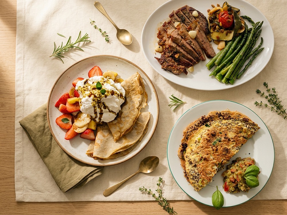 Luxusný pohľad zhora na tri jedlá Golden Flow: pohánkové palacinky s ovocím a šľahačkou, hovädzí steak so špargľou a quinoa omeleta s guacamole.