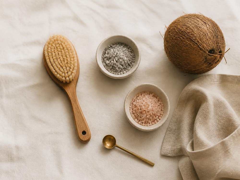 Minimalistické wellness zátišie s drevenou kefou na suché kefovanie, miskami s ružovou himalájskou a sivou morskou soľou, celým kokosovým orechom a zlatou lyžičkou na ľanovom plátne.